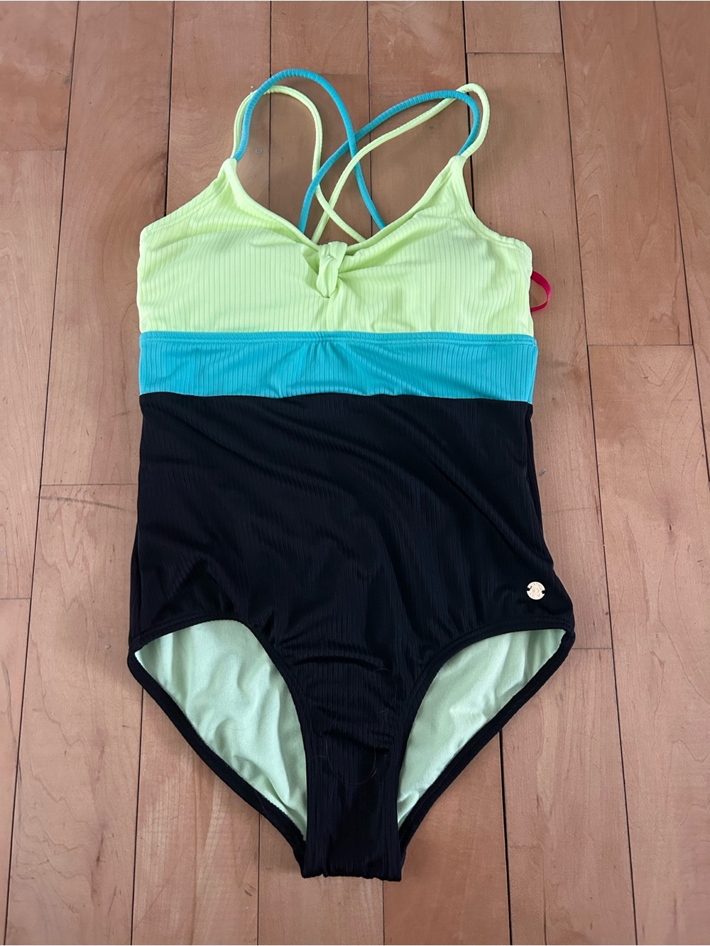 Justice Cutout Colorblock One-Piece Swimsuit in Neon Yellow, Teal & Black